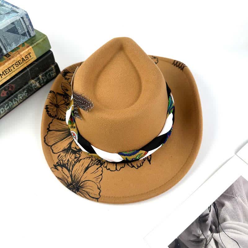 Western Cowboyhut mit Sonnenblumen-Federdekor und ethnischem Riemen