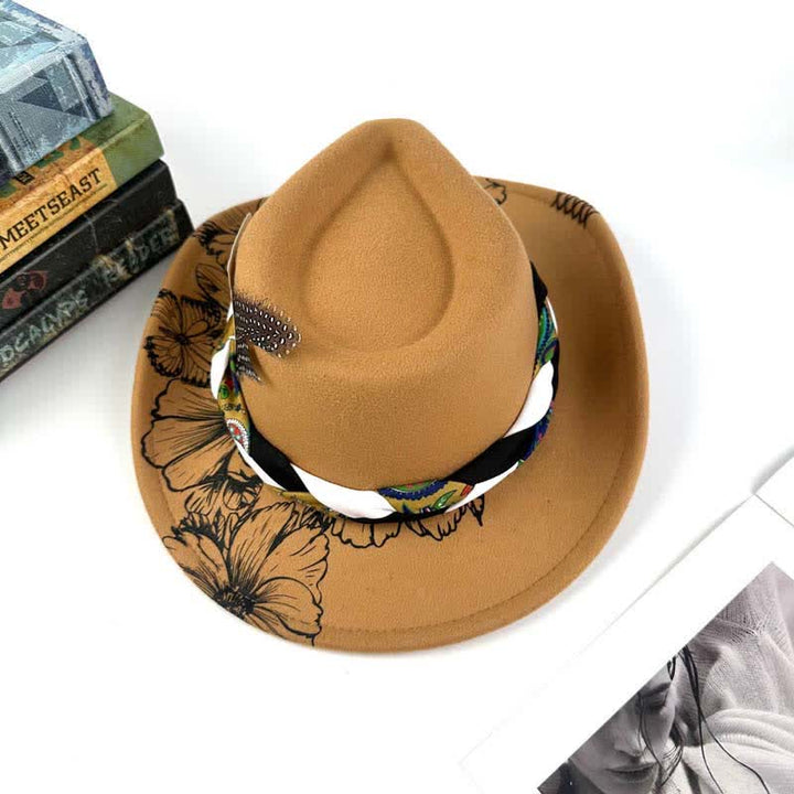 Western Cowboyhut mit Sonnenblumen-Federdekor und ethnischem Riemen