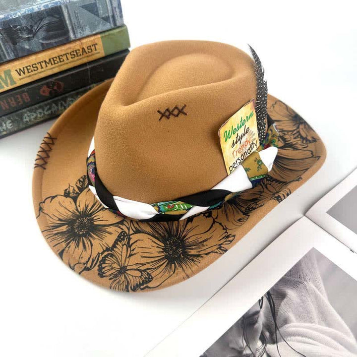 Western Cowboyhut mit Sonnenblumen-Federdekor und ethnischem Riemen