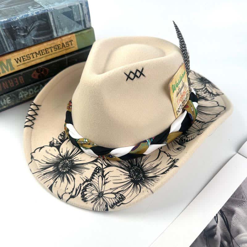 Western Cowboyhut mit Sonnenblumen-Federdekor und ethnischem Riemen - Elfenbein - M (22"-22 7/8") - image 10