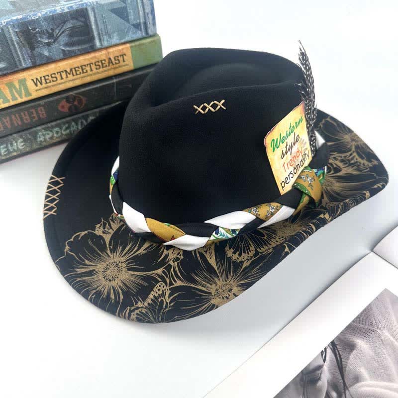 Western Cowboyhut mit Sonnenblumen-Federdekor und ethnischem Riemen - Schwarz - M (22"-22 7/8") - image 9