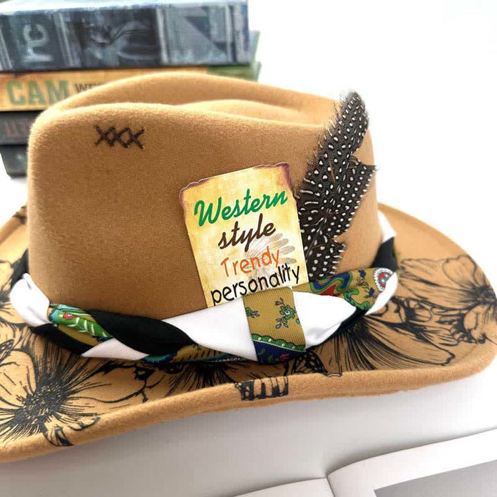 Western Cowboyhut mit Sonnenblumen-Federdekor und ethnischem Riemen