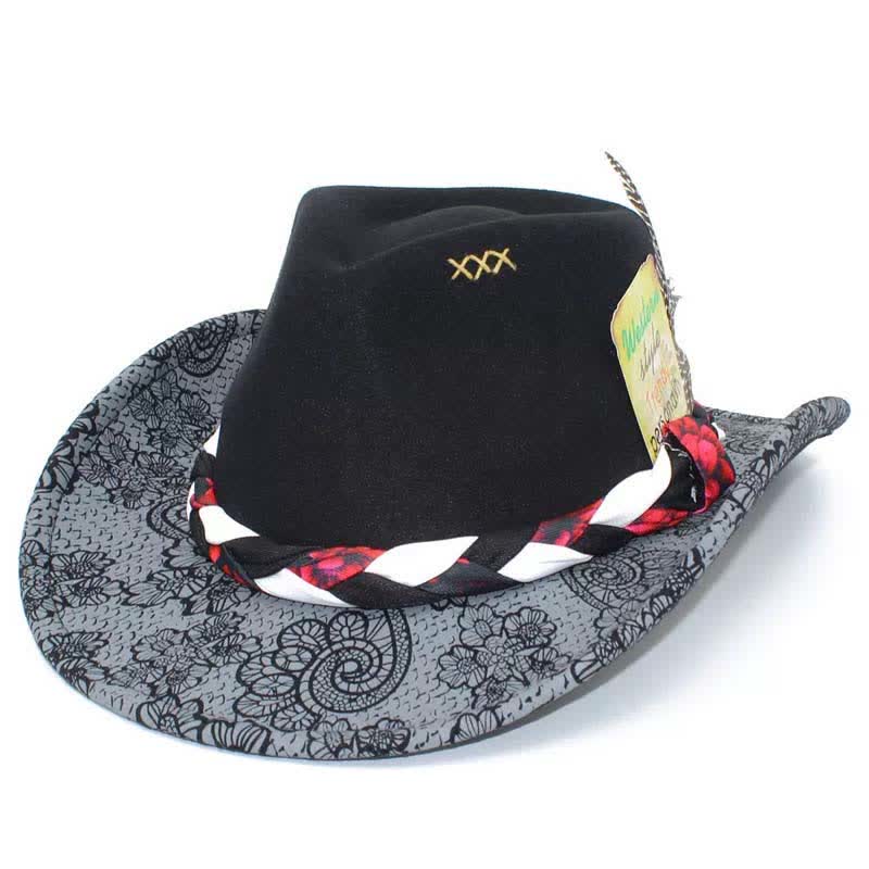 Zweifarbiger Cowboyhut mit Gänseblümchen-Federdekor und ethnischem Riemen - Schwarz - M (22"-22 7/8") - image 6