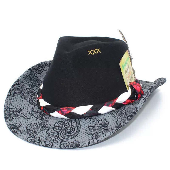 Zweifarbiger Cowboyhut mit Gänseblümchen-Federdekor und ethnischem Riemen - Schwarz - M (22"-22 7/8") - image 6