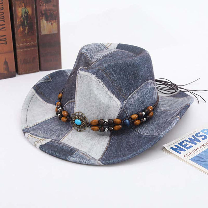 Cowboyhut aus Denim mit Farbblockdesign und Holzperlenband