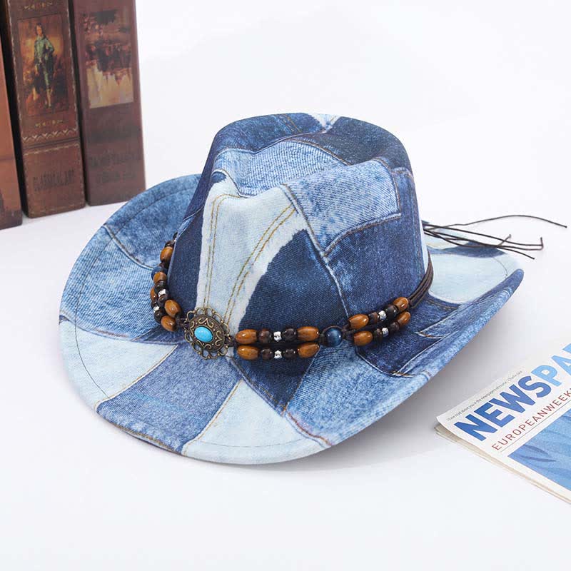 Cowboyhut aus Denim mit Farbblockdesign und Holzperlenband