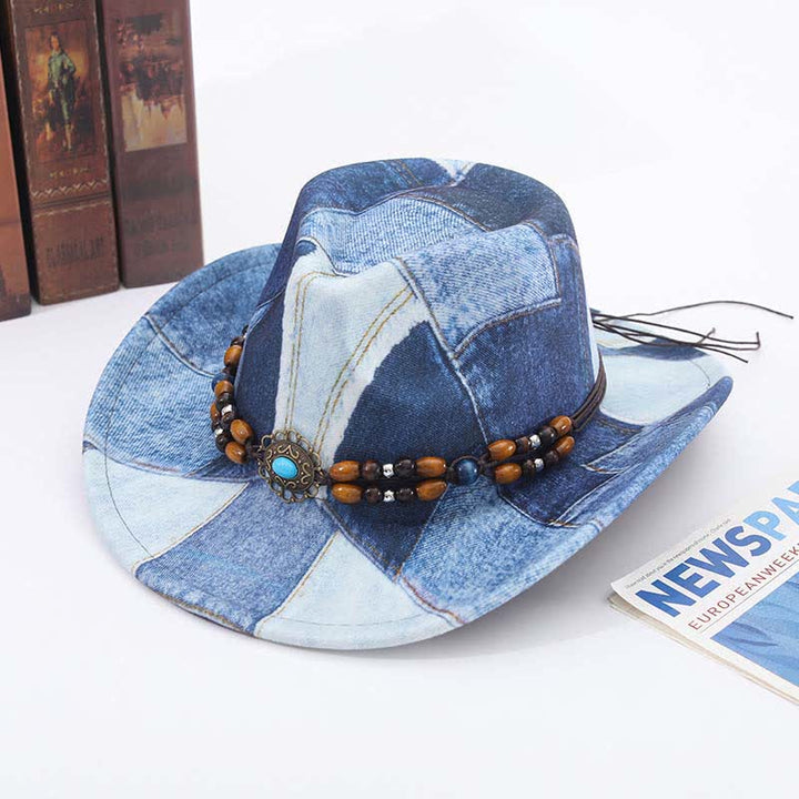 Cowboyhut aus Denim mit Farbblockdesign und Holzperlenband - Blau - M (22"-22 7/8") - image 2