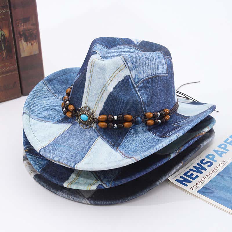 Cowboyhut aus Denim mit Farbblockdesign und Holzperlenband - image 1