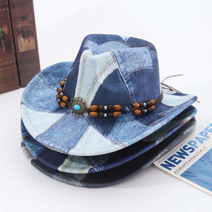 Cowboyhut aus Denim mit Farbblockdesign und Holzperlenband - image 1