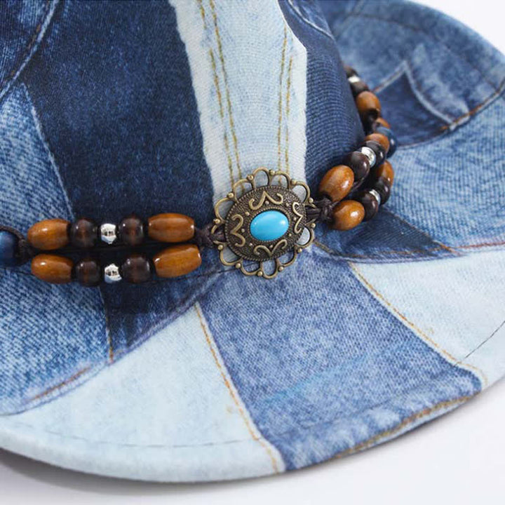 Cowboyhut aus Denim mit Farbblockdesign und Holzperlenband - image 3