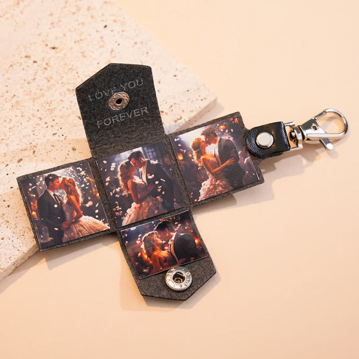 Personalisierter Schlüsselanhänger aus schwarzem Leder mit 4 Foto-Schriftzügen
