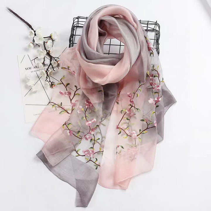 Zweifarbiger handbestickter Woll-Seidenschal mit Pflanzenblumenmuster für Damen