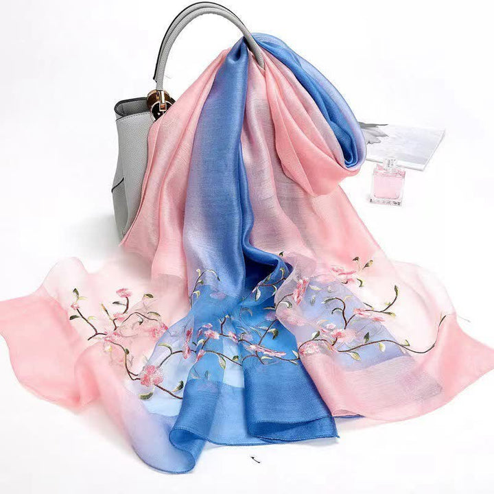 Zweifarbiger handbestickter Woll-Seidenschal mit Pflanzenblumenmuster für Damen