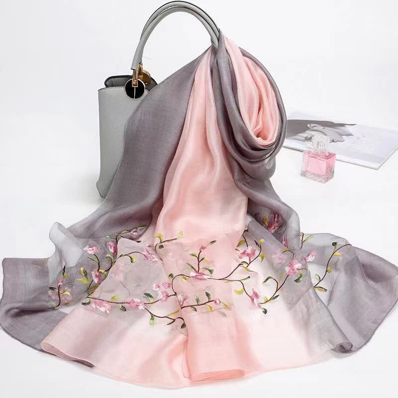 Zweifarbiger handbestickter Woll-Seidenschal mit Pflanzenblumenmuster für Damen