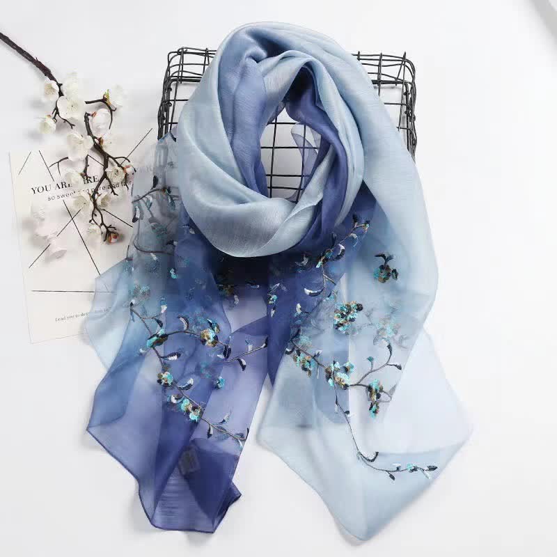 Zweifarbiger handbestickter Woll-Seidenschal mit Pflanzenblumenmuster für Damen