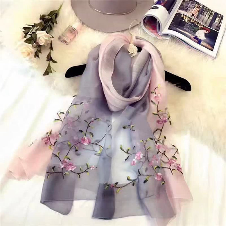 Zweifarbiger handbestickter Woll-Seidenschal mit Pflanzenblumenmuster für Damen
