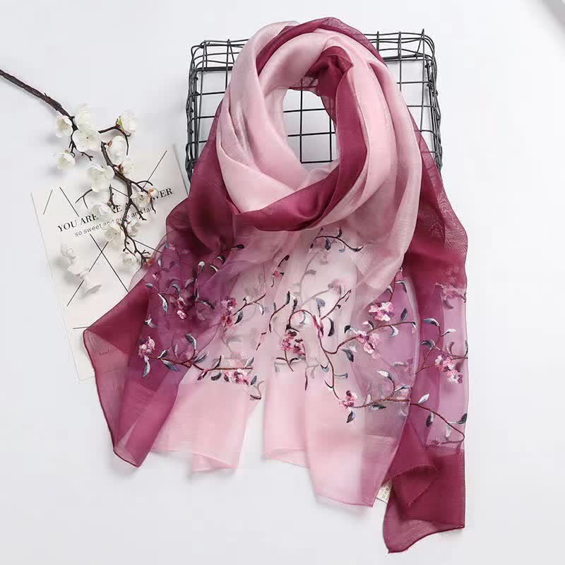 Zweifarbiger handbestickter Woll-Seidenschal mit Pflanzenblumenmuster für Damen