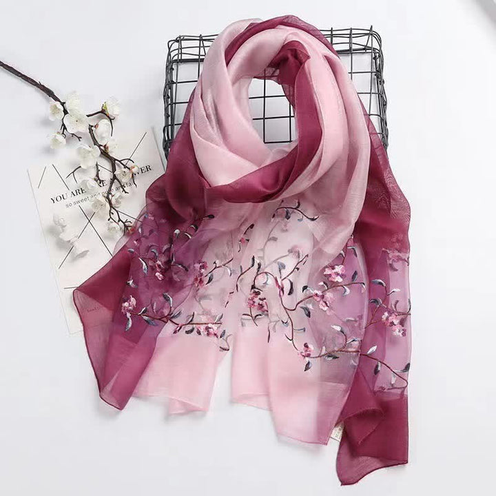 Zweifarbiger handbestickter Woll-Seidenschal mit Pflanzenblumenmuster für Damen
