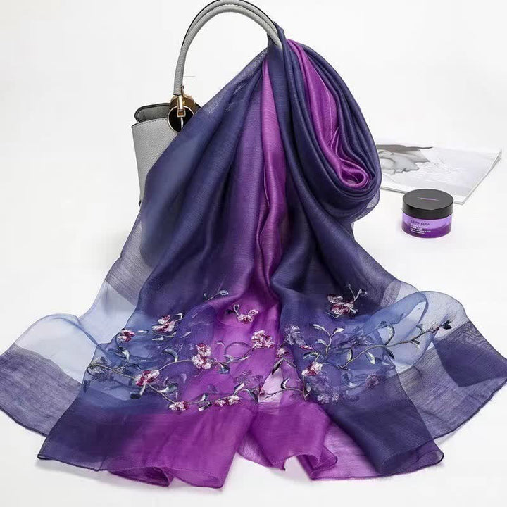 Zweifarbiger handbestickter Woll-Seidenschal mit Pflanzenblumenmuster für Damen