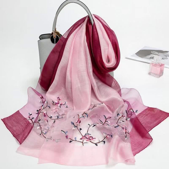 Zweifarbiger handbestickter Woll-Seidenschal mit Pflanzenblumenmuster für Damen
