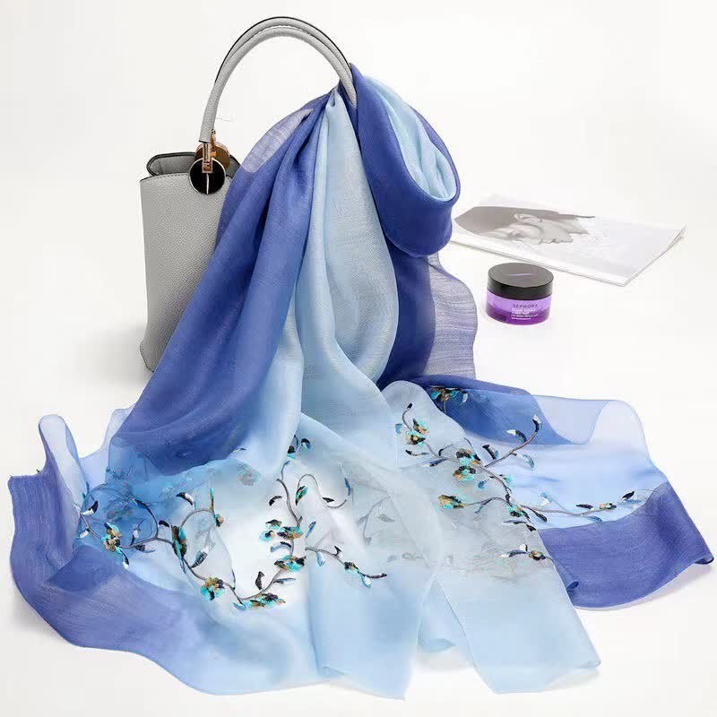 Zweifarbiger handbestickter Woll-Seidenschal mit Pflanzenblumenmuster für Damen
