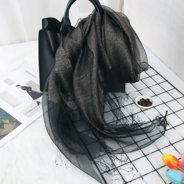 Doppellagiger Damen-Organza-Seidenschal mit schimmernden Quasten