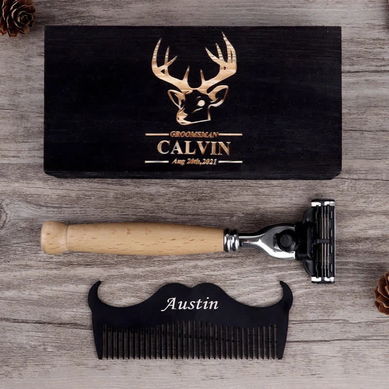 3-teiliges Rasiermesser-Set mit individuellem Namen für Trauzeugen, Souvenirs, mit Holzbox - 3 Stück - image 1
