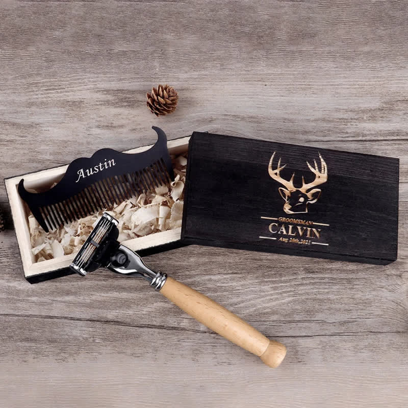 3-teiliges Rasiermesser-Set mit individuellem Namen für Trauzeugen, Souvenirs, mit Holzbox - image 2