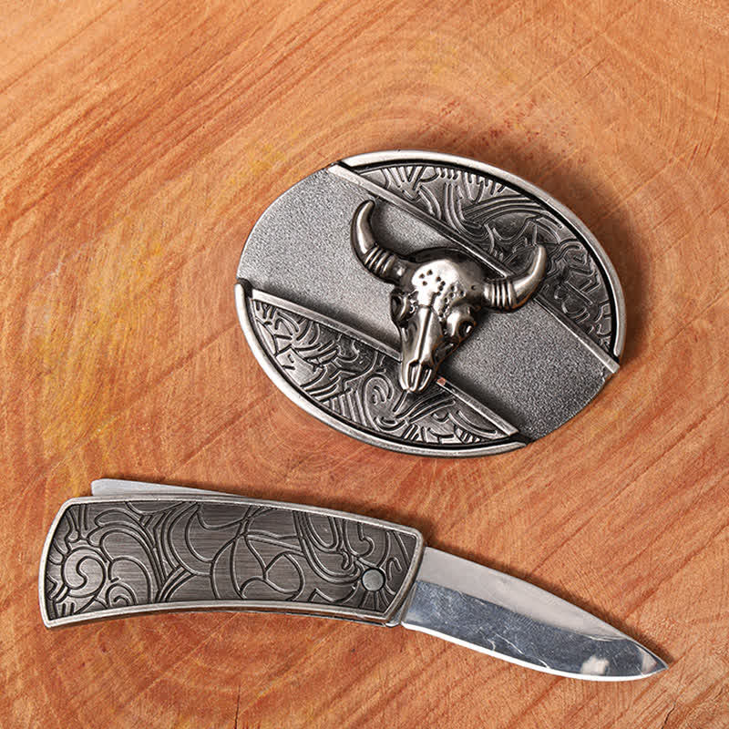 Herren DIY Longhorn Bull Verstecktes Klappmesser Ledergürtel