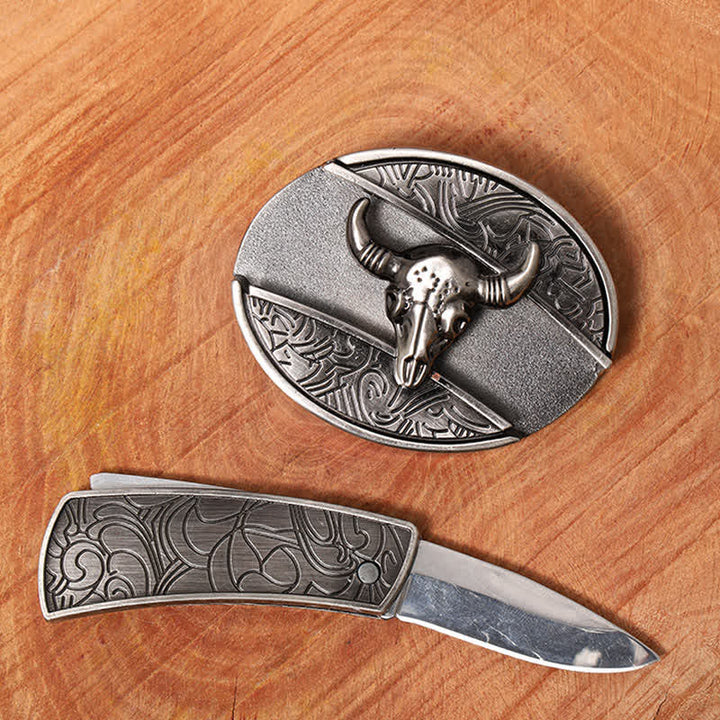 Herren DIY Longhorn Bull Verstecktes Klappmesser Ledergürtel
