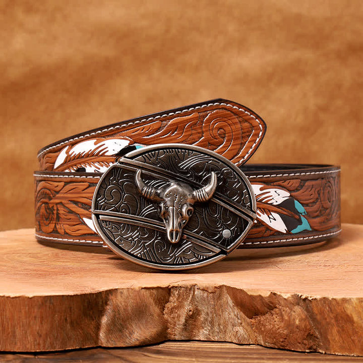 Herren DIY Longhorn Bull Verstecktes Klappmesser Ledergürtel