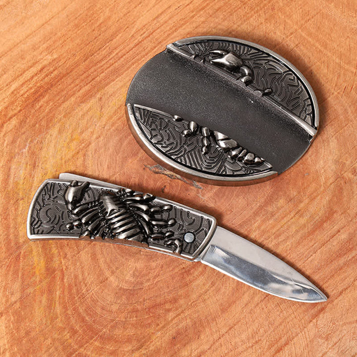 DIY Skorpion verstecktes Klappmesser für Herren, Ledergürtel