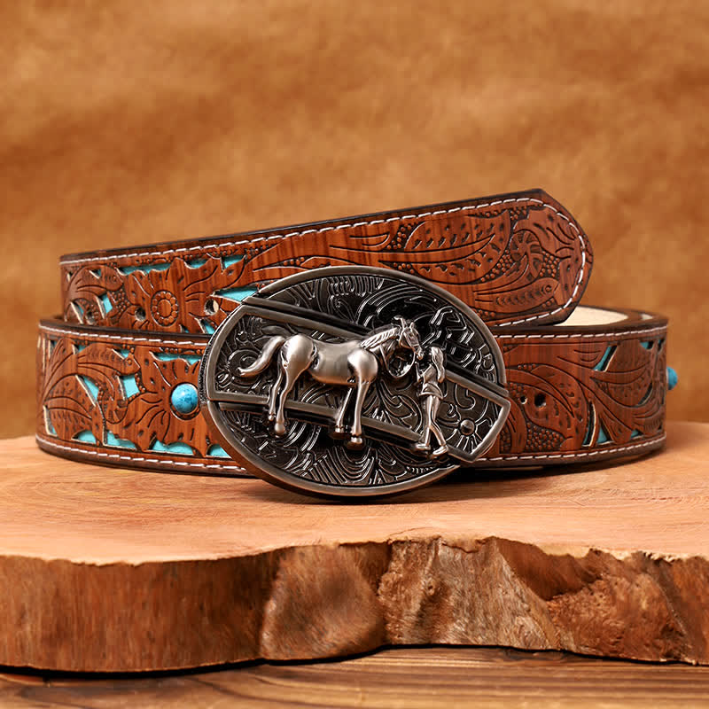 Herren DIY Cowgirl Verstecktes Klappmesser Ledergürtel - Cowgirl - Türkisfarbener geschnitzter Gürtel - 42 - image 5