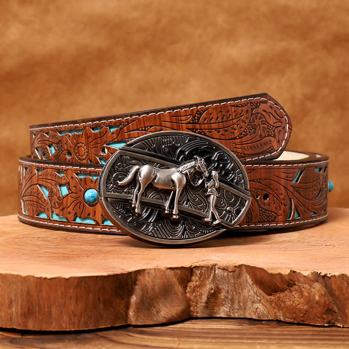 Herren DIY Cowgirl Verstecktes Klappmesser Ledergürtel - Cowgirl - Türkisfarbener geschnitzter Gürtel - 42 - image 5