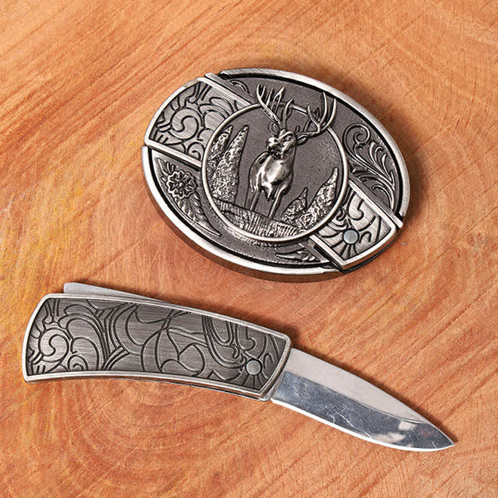 Herren DIY Forest Deer Verstecktes Klappmesser Ledergürtel