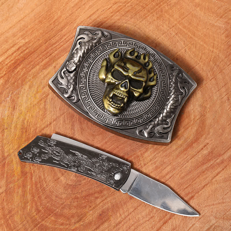 Herren DIY Flammenschädel Verstecktes Klappmesser Ledergürtel