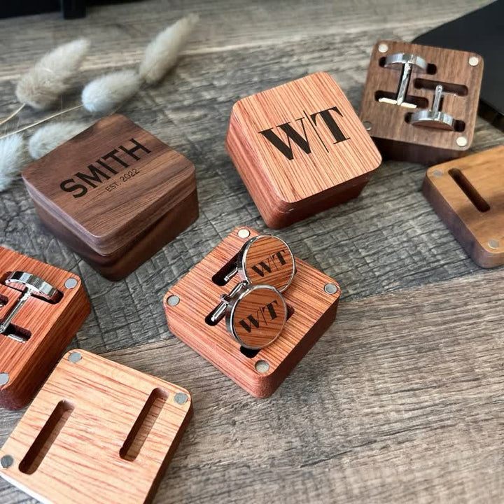 1 Paar klassische Manschettenknöpfe aus Holz mit individuellem Namen und Box