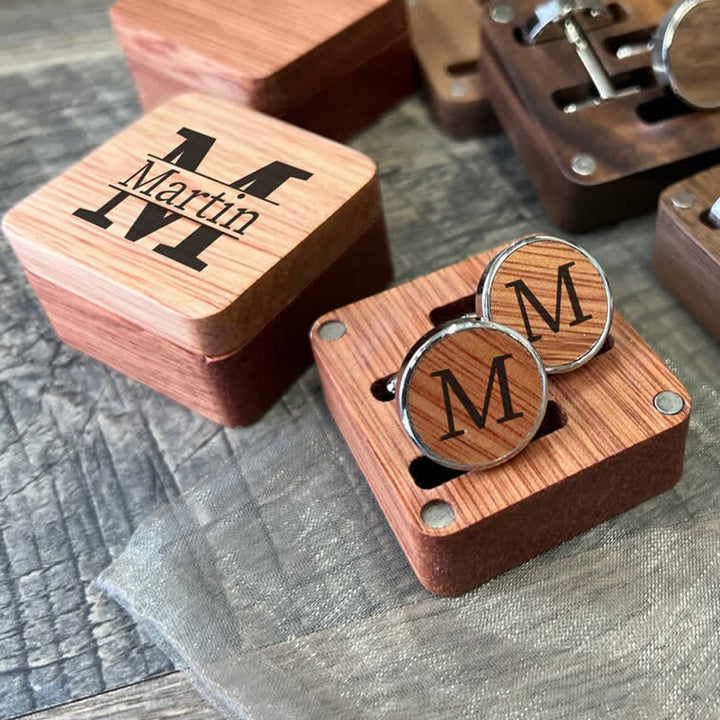 1 Paar klassische Manschettenknöpfe aus Holz mit individuellem Namen und Box