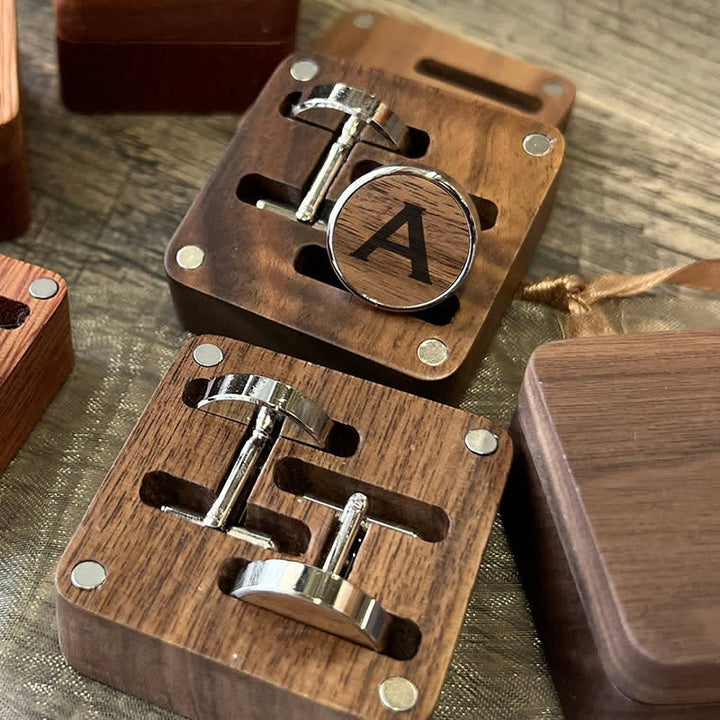1 Paar klassische Manschettenknöpfe aus Holz mit individuellem Namen und Box - Nussbaum - image 7