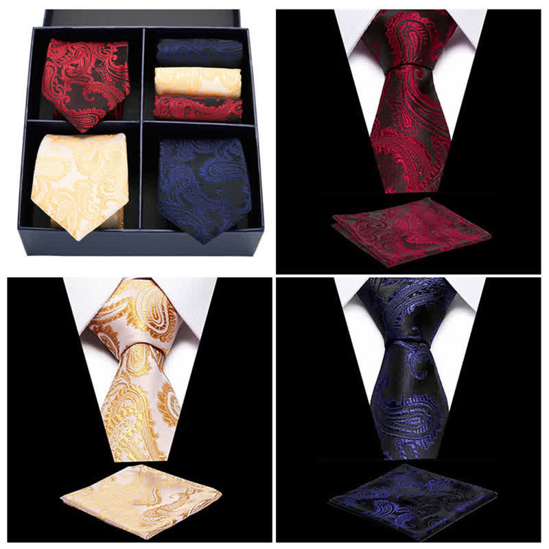 6-teiliges Herren-Krawatten- und Einstecktuch-Set mit Paisleymuster und vierfacher Geschenkbox
