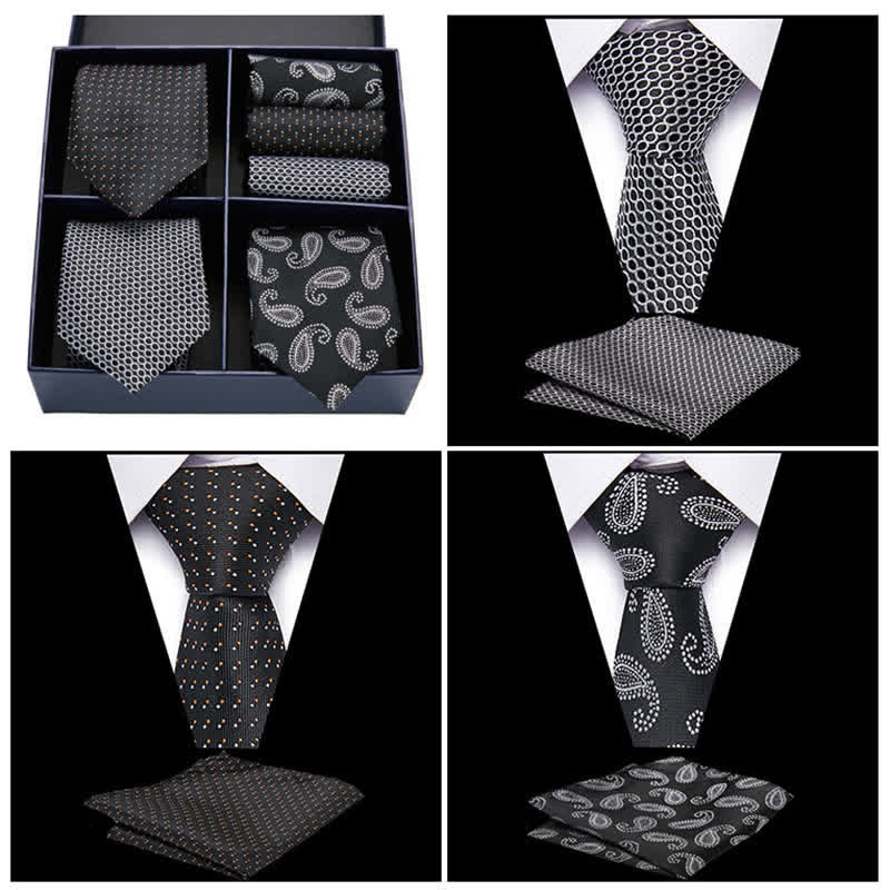 6-teiliges Herren-Krawatten- und Einstecktuch-Set in Schwarz und Weiß mit Paisleymuster und Punkten, Geschenkbox