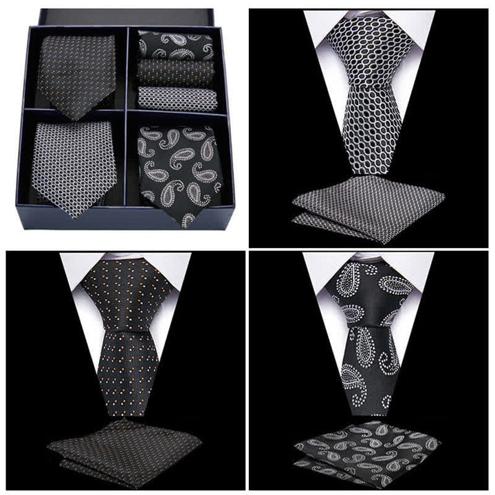 6-teiliges Herren-Krawatten- und Einstecktuch-Set in Schwarz und Weiß mit Paisleymuster und Punkten, Geschenkbox