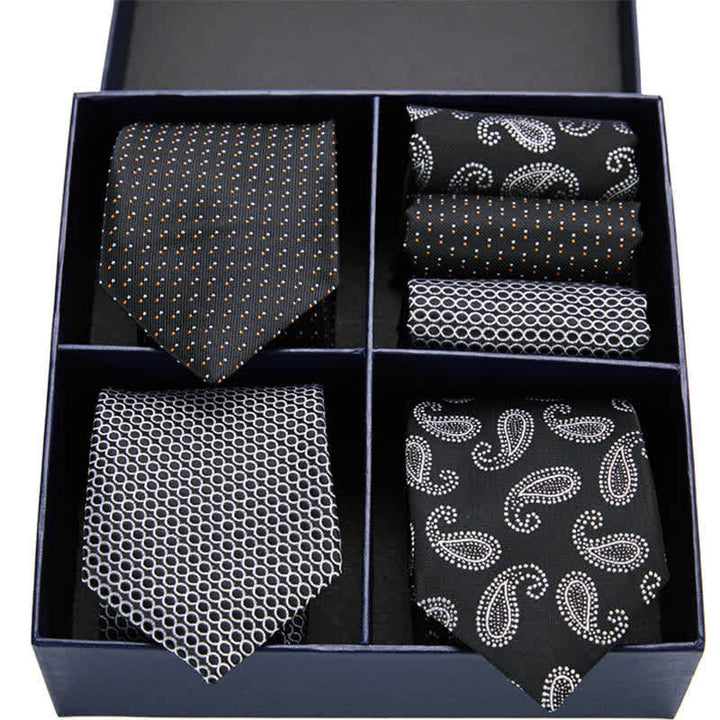 6-teiliges Herren-Krawatten- und Einstecktuch-Set in Schwarz und Weiß mit Paisleymuster und Punkten, Geschenkbox
