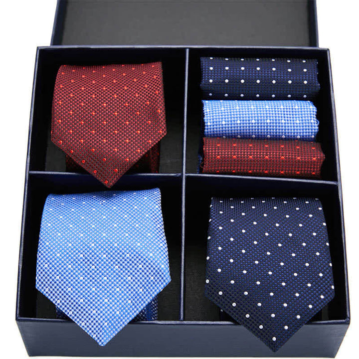 6-teiliges Herren-Krawatten- und Einstecktuch-Set in Burgunderrot und Blau mit Punkten, Geschenkbox