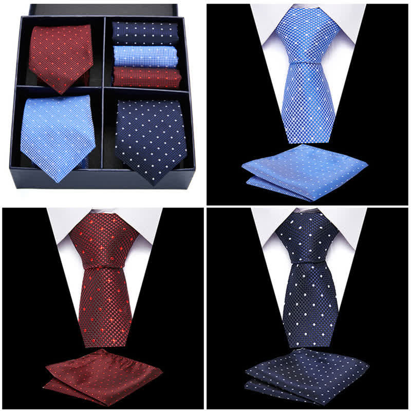 6-teiliges Herren-Krawatten- und Einstecktuch-Set in Burgunderrot und Blau mit Punkten, Geschenkbox