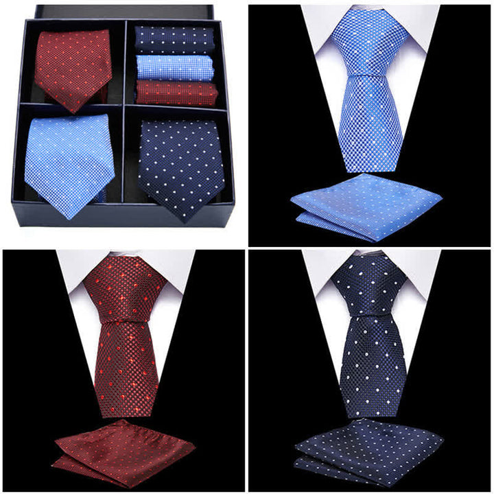 6-teiliges Herren-Krawatten- und Einstecktuch-Set in Burgunderrot und Blau mit Punkten, Geschenkbox