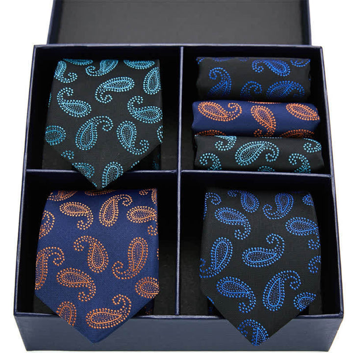 6-teiliges Herren-Krawatten- und Einstecktuch-Set mit Paisley-Motiven in Grün und Marineblau, Geschenkbox