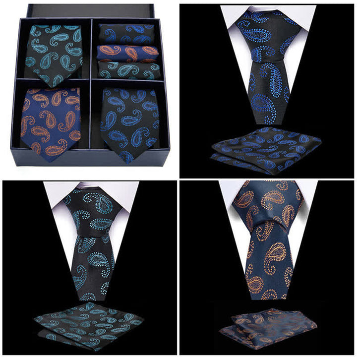 6-teiliges Herren-Krawatten- und Einstecktuch-Set mit Paisley-Motiven in Grün und Marineblau, Geschenkbox