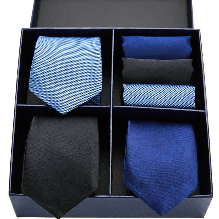6-teiliges Herren-Krawatten- und Einstecktuch-Set in Blau und Schwarz, einfarbig, Geschenkbox