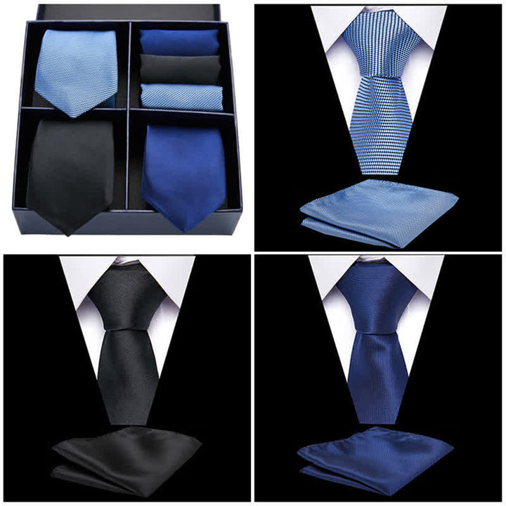 6-teiliges Herren-Krawatten- und Einstecktuch-Set in Blau und Schwarz, einfarbig, Geschenkbox